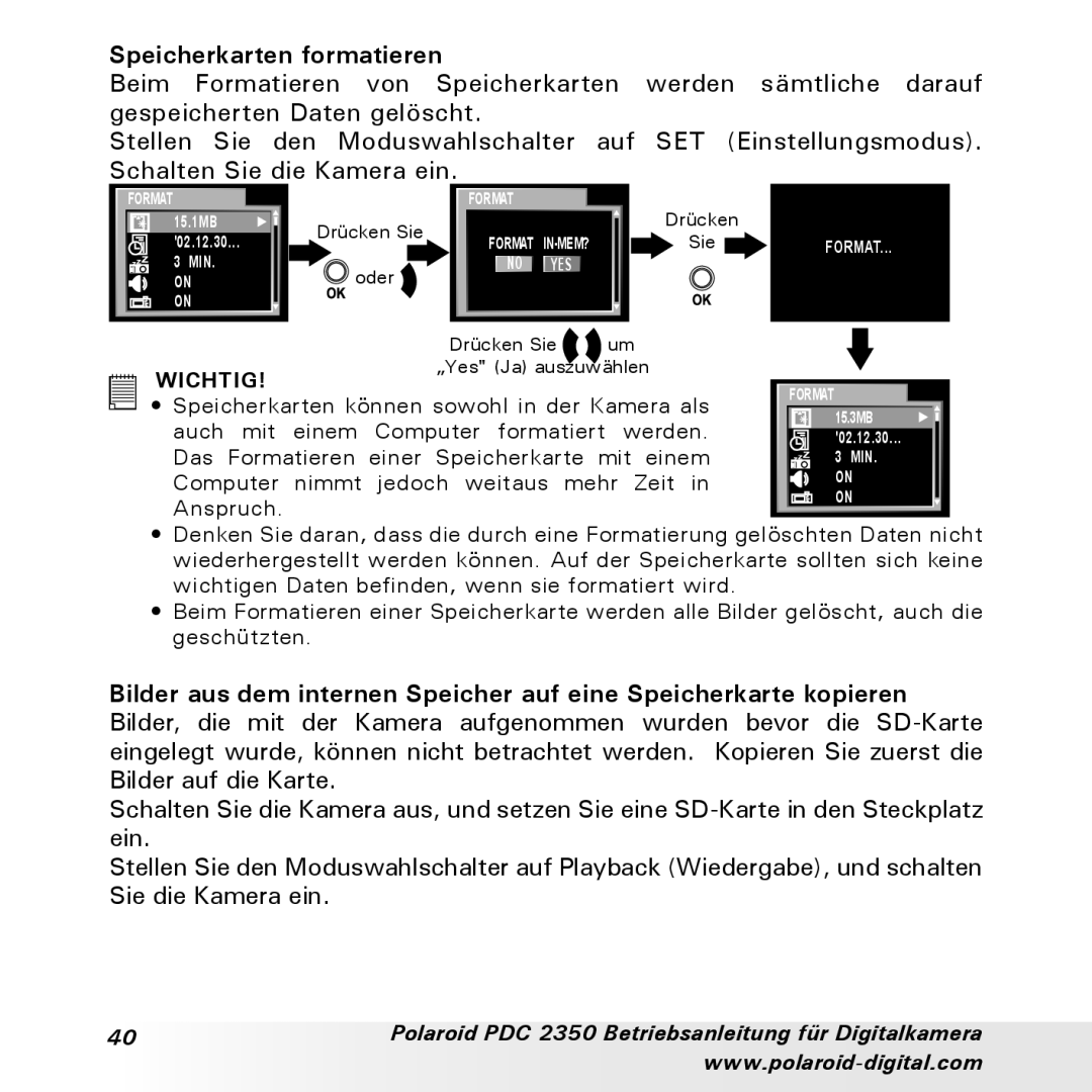 Polaroid PDC 2350 manual Speicherkarten formatieren 