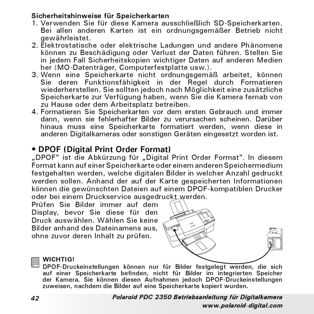 Polaroid PDC 2350 manual Dpof Digital Print Order Format, Sicherheitshinweise für Speicherkarten 