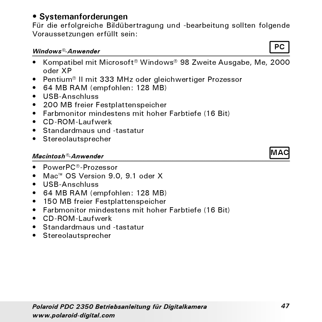 Polaroid PDC 2350 manual Systemanforderungen 