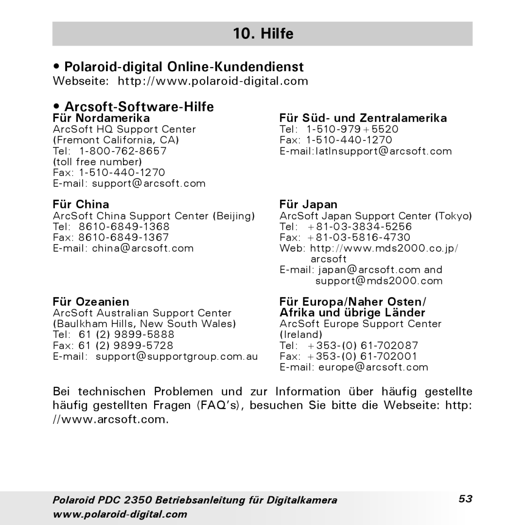 Polaroid PDC 2350 manual Arcsoft-Software-Hilfe 