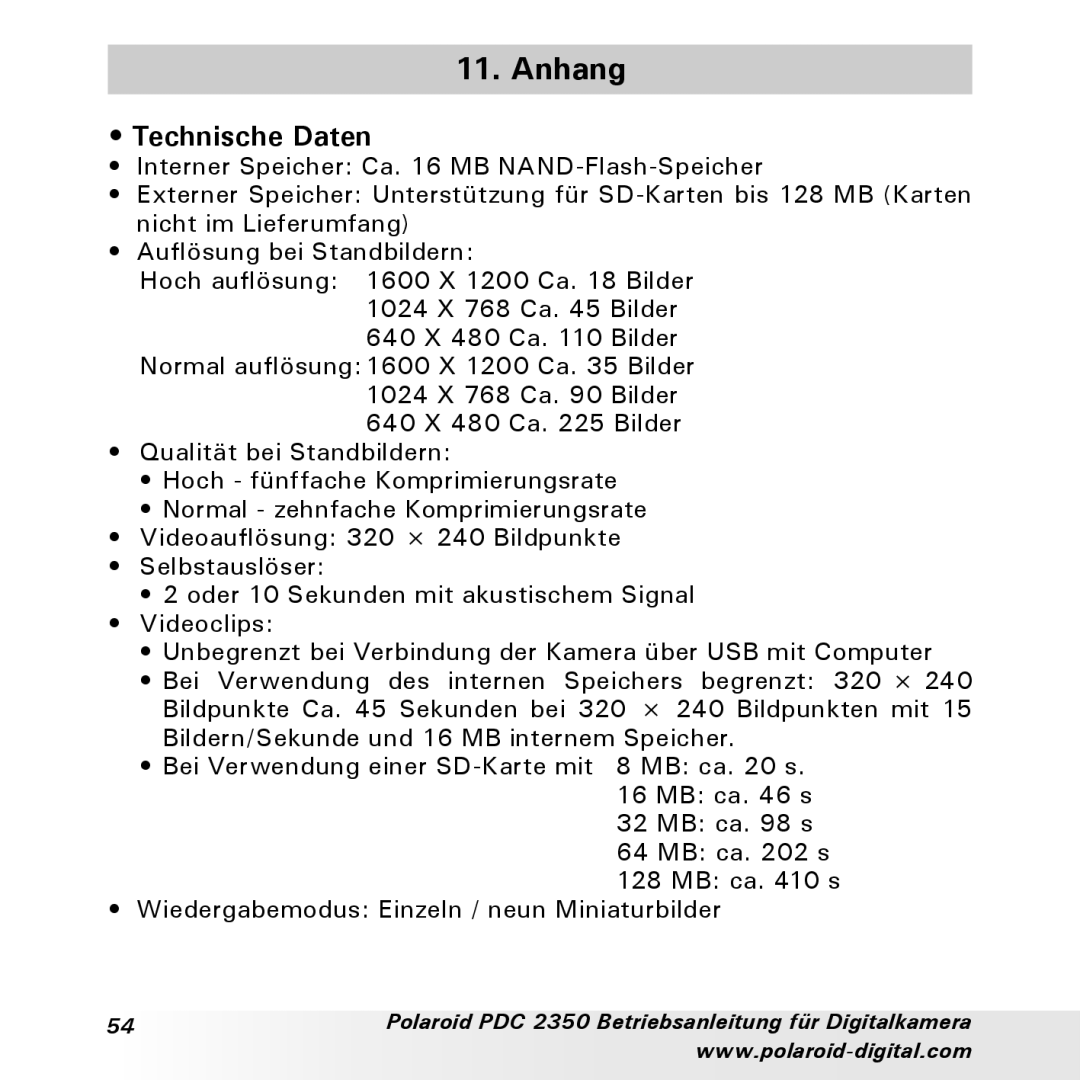 Polaroid PDC 2350 manual Anhang, Technische Daten 