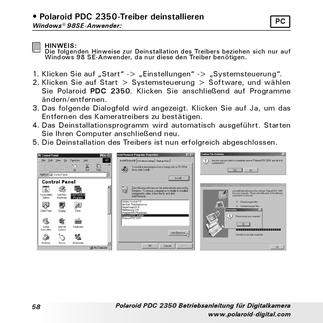 Polaroid manual Polaroid PDC 2350-Treiber deinstallieren, Windows 98SE-Anwender 