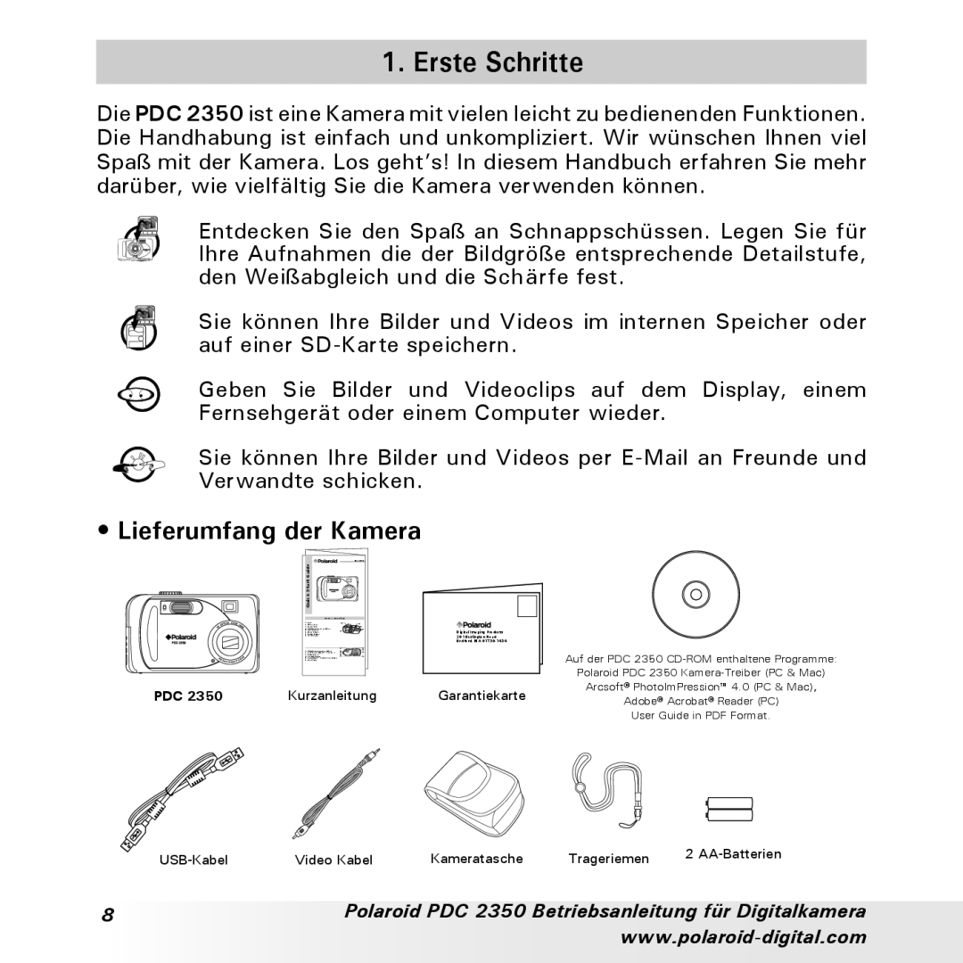 Polaroid PDC 2350 manual Erste Schritte, Lieferumfang der Kamera 