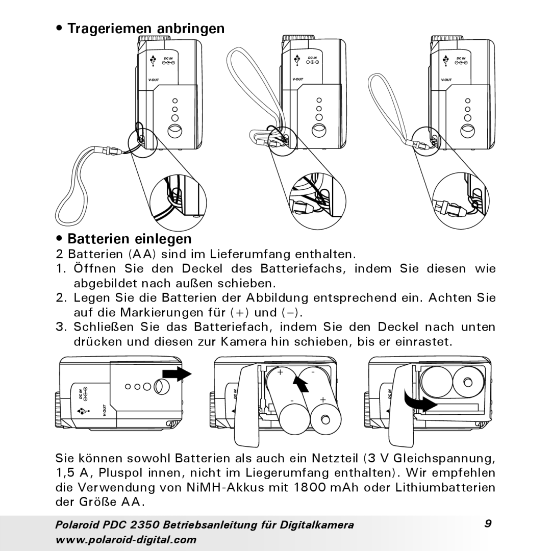 Polaroid PDC 2350 manual Trageriemen anbringen Batterien einlegen 