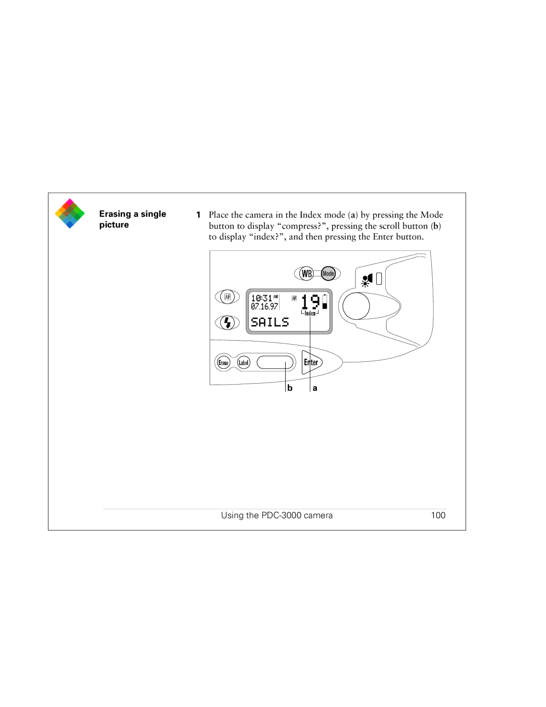 Polaroid PDC 3000 manual Erasing a single, Picture, Using the PDC-3000 camera 100 