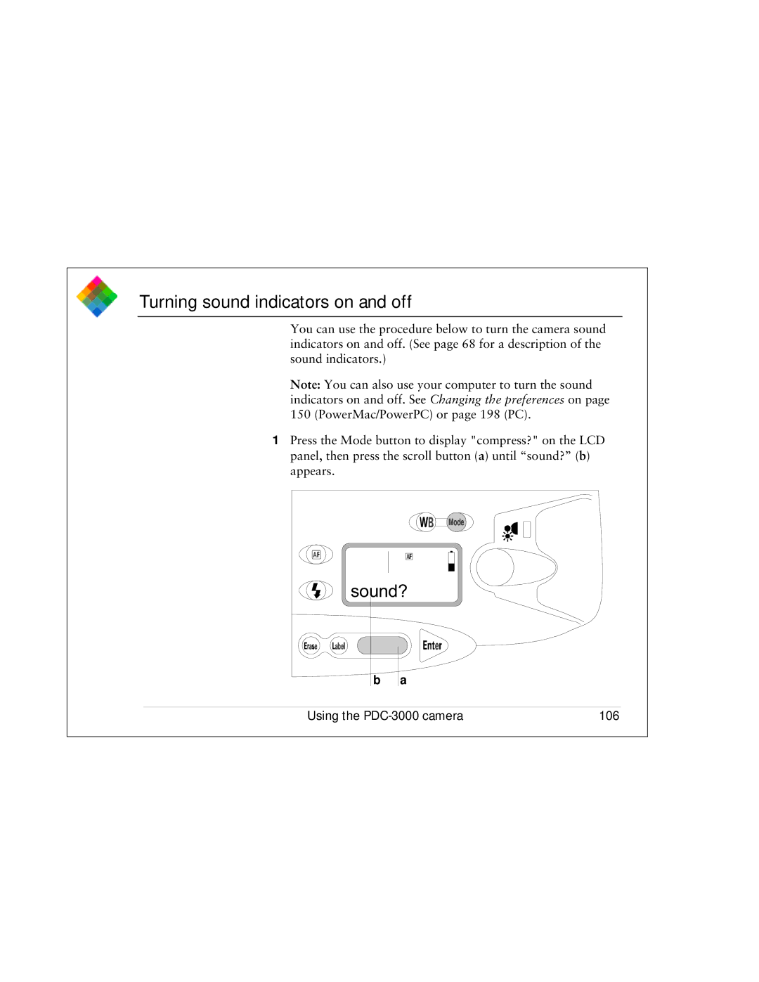 Polaroid PDC 3000 manual Turning sound indicators on and off, Sound?, Using the PDC-3000 camera 106 