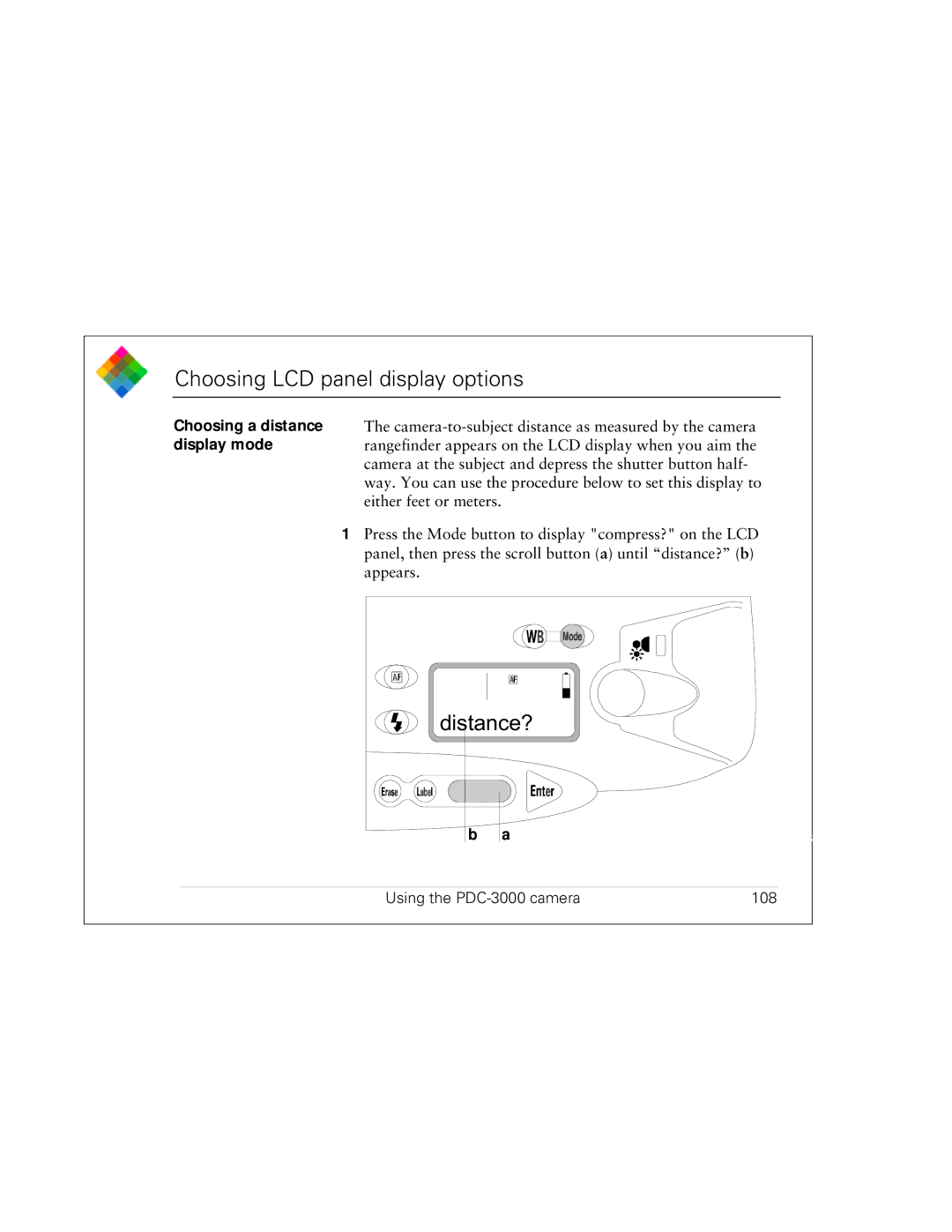 Polaroid PDC 3000 manual Choosing LCD panel display options, Distance?, Using the PDC-3000 camera 108 