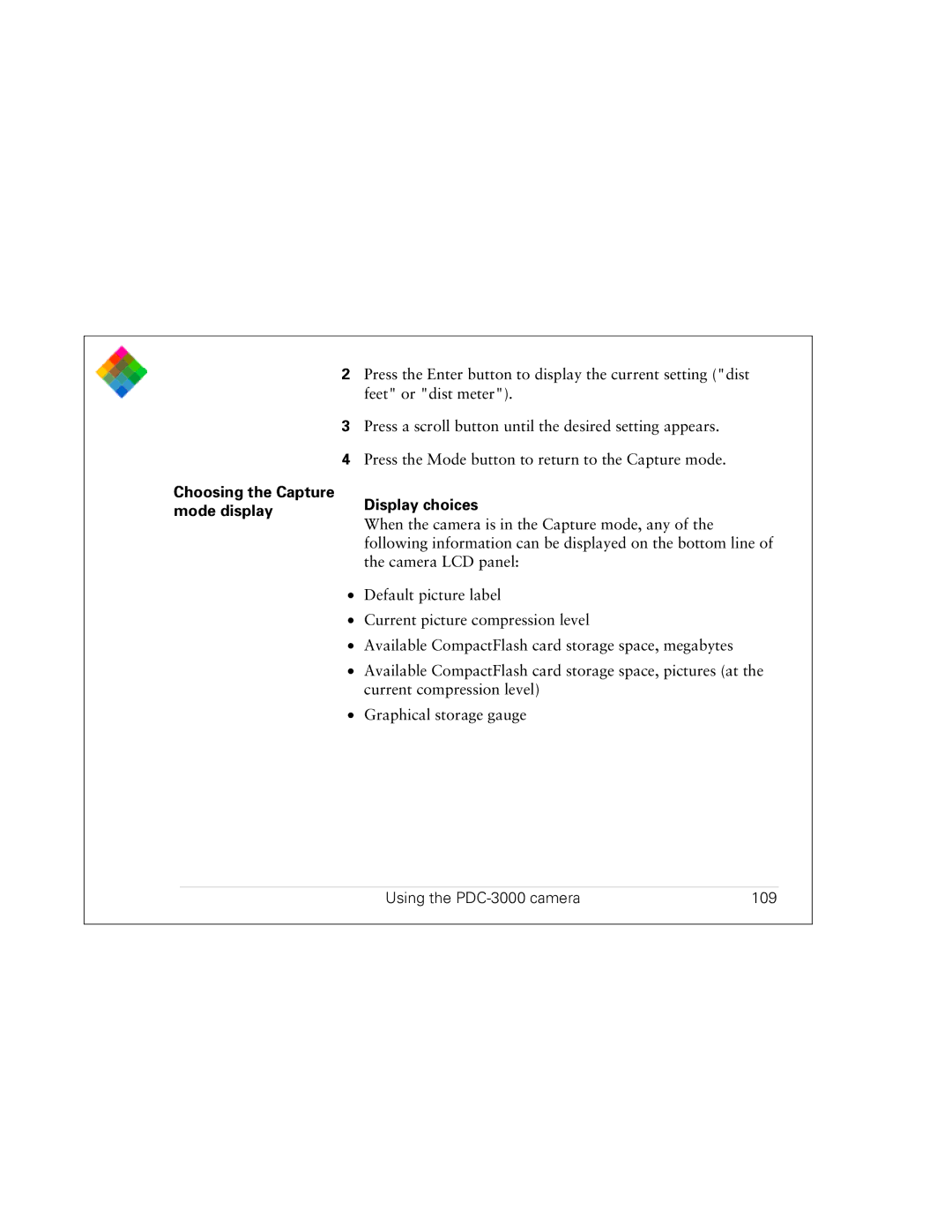 Polaroid PDC 3000 manual Choosing the Capture mode display, Display choices, Using the PDC-3000 camera 109 