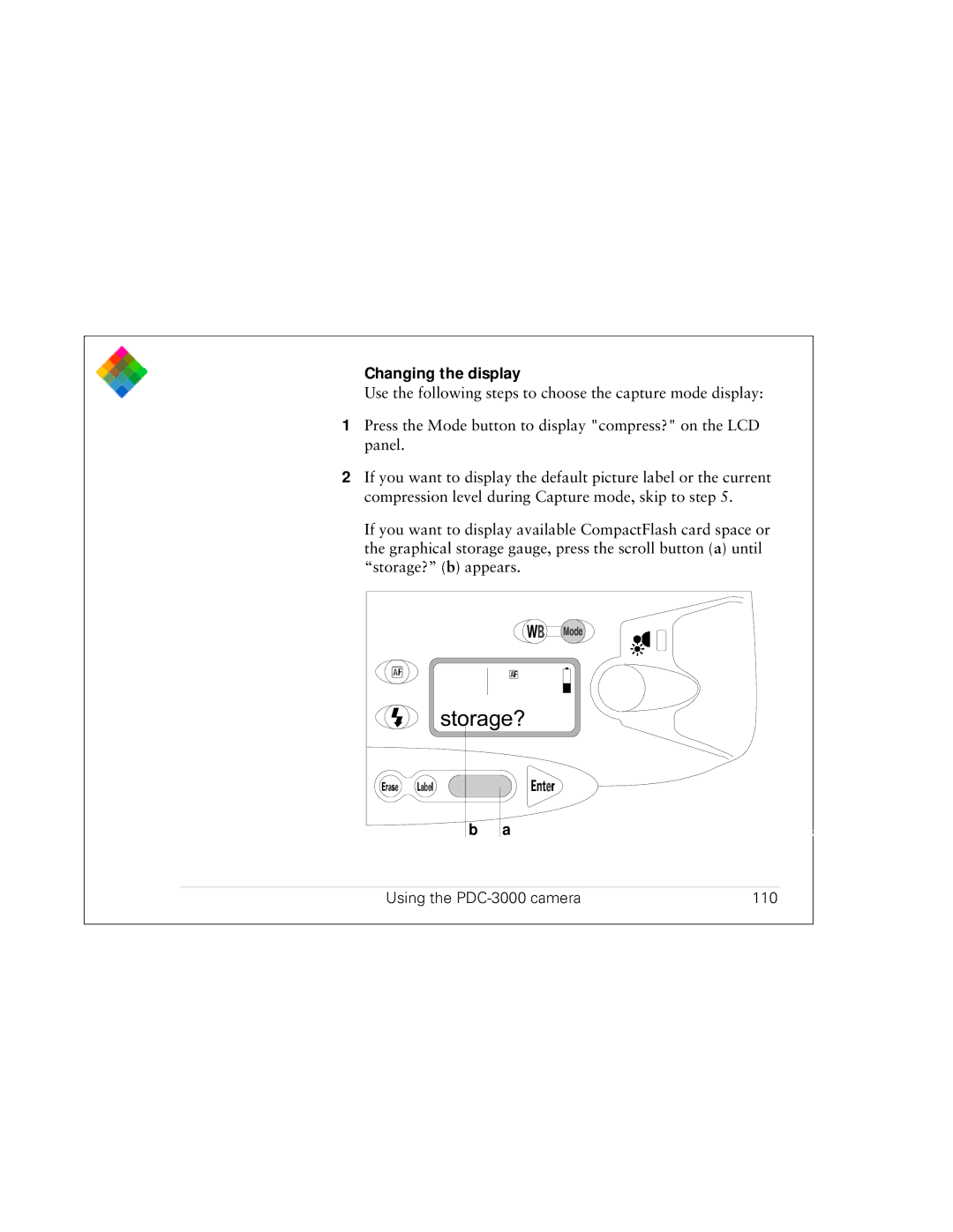 Polaroid PDC 3000 manual Storage?, Changing the display, Using the PDC-3000 camera 110 