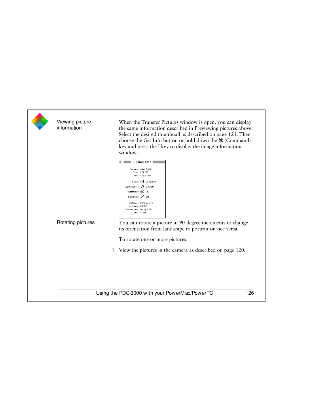 Polaroid PDC 3000 manual Viewing picture, Information, Rotating pictures, Using the PDC-3000 with your PowerMac/PowerPC 126 