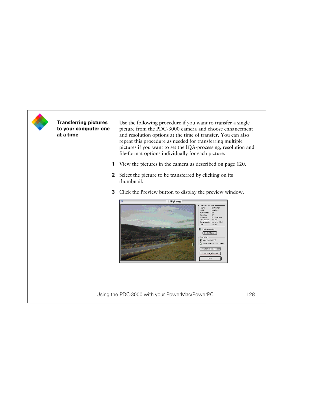 Polaroid PDC 3000 Transferring pictures to your computer one at a time, Using the PDC-3000 with your PowerMac/PowerPC 128 