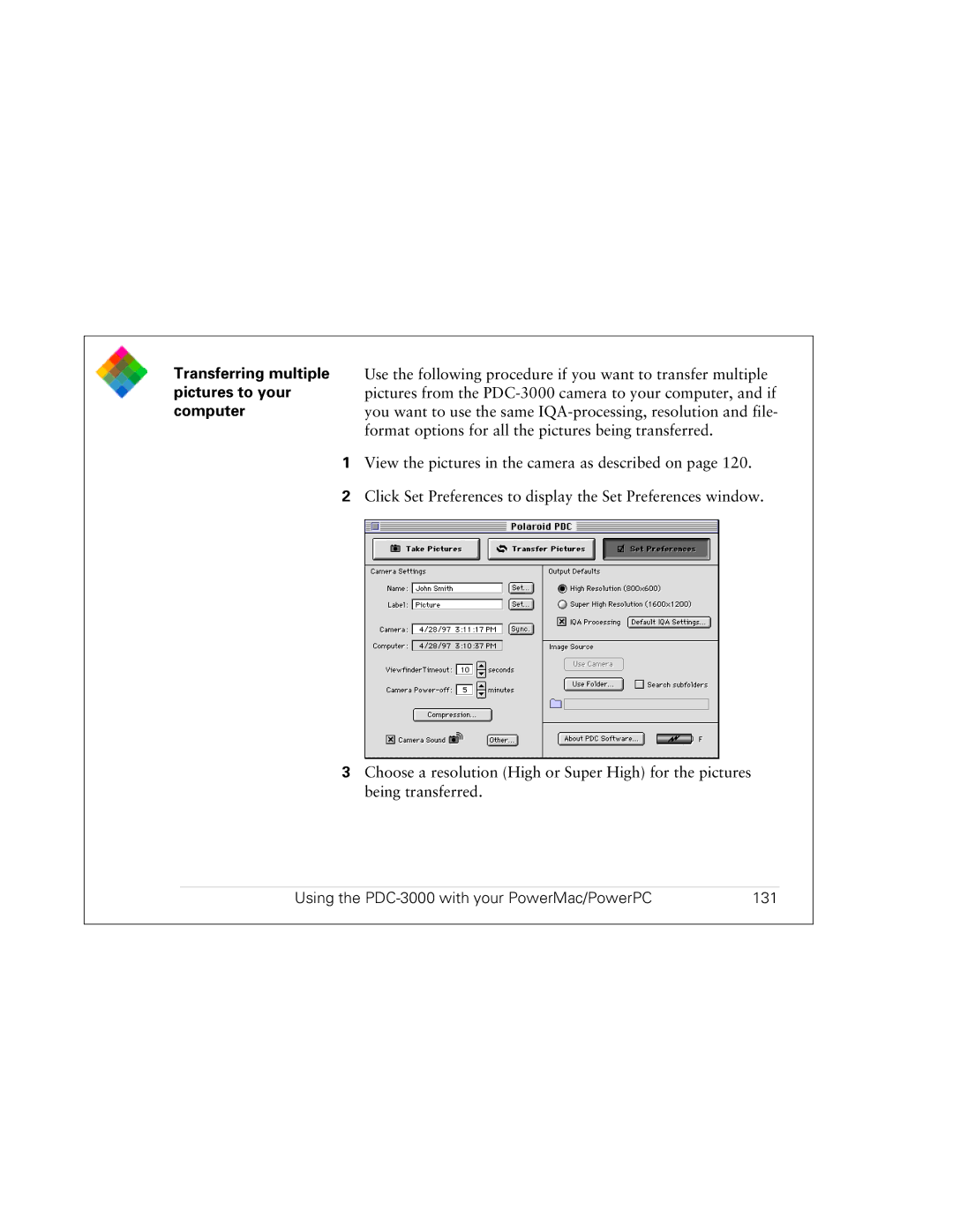 Polaroid PDC 3000 Transferring multiple, Pictures to your, Computer, Using the PDC-3000 with your PowerMac/PowerPC 131 