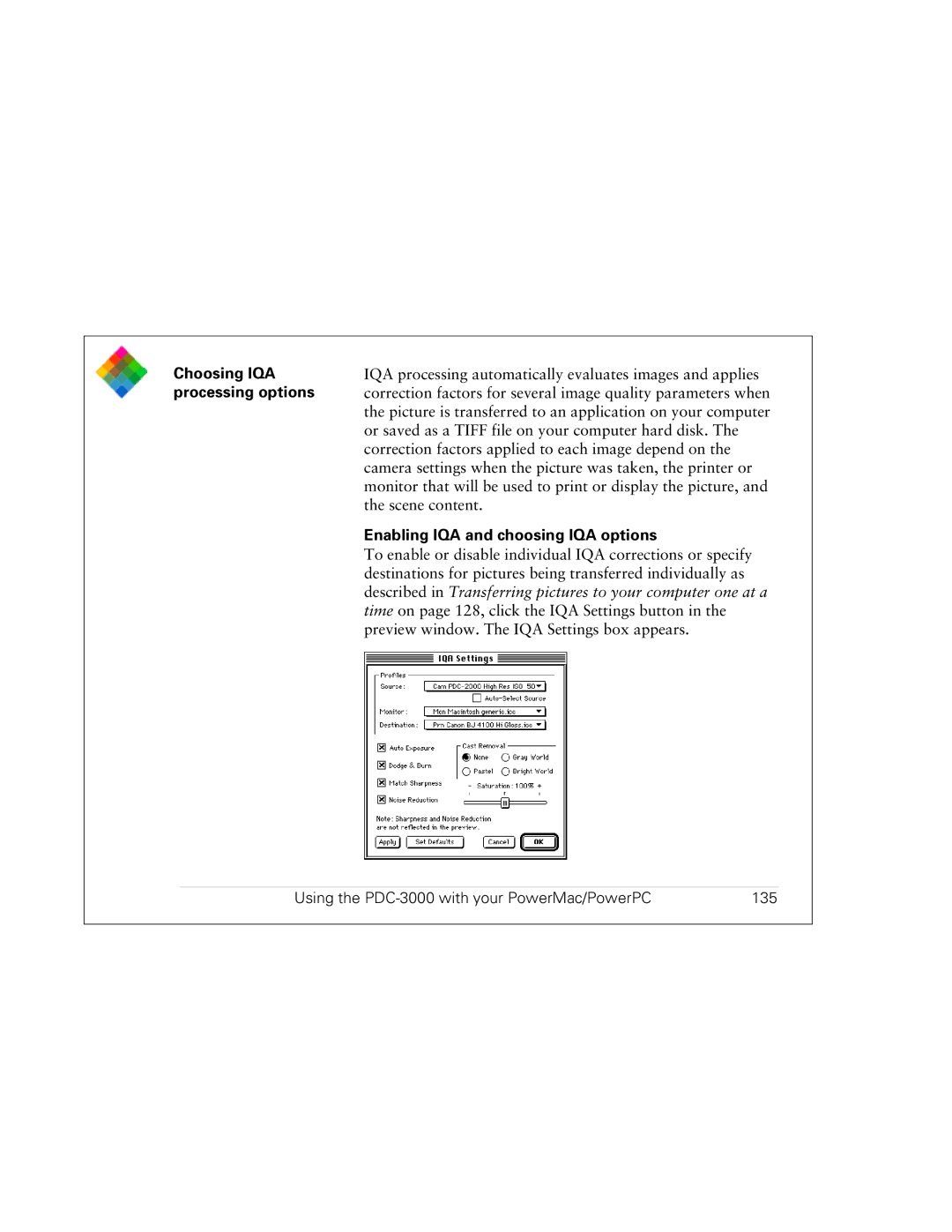 Polaroid PDC 3000 manual Choosing IQA, Processing options, Enabling IQA and choosing IQA options 