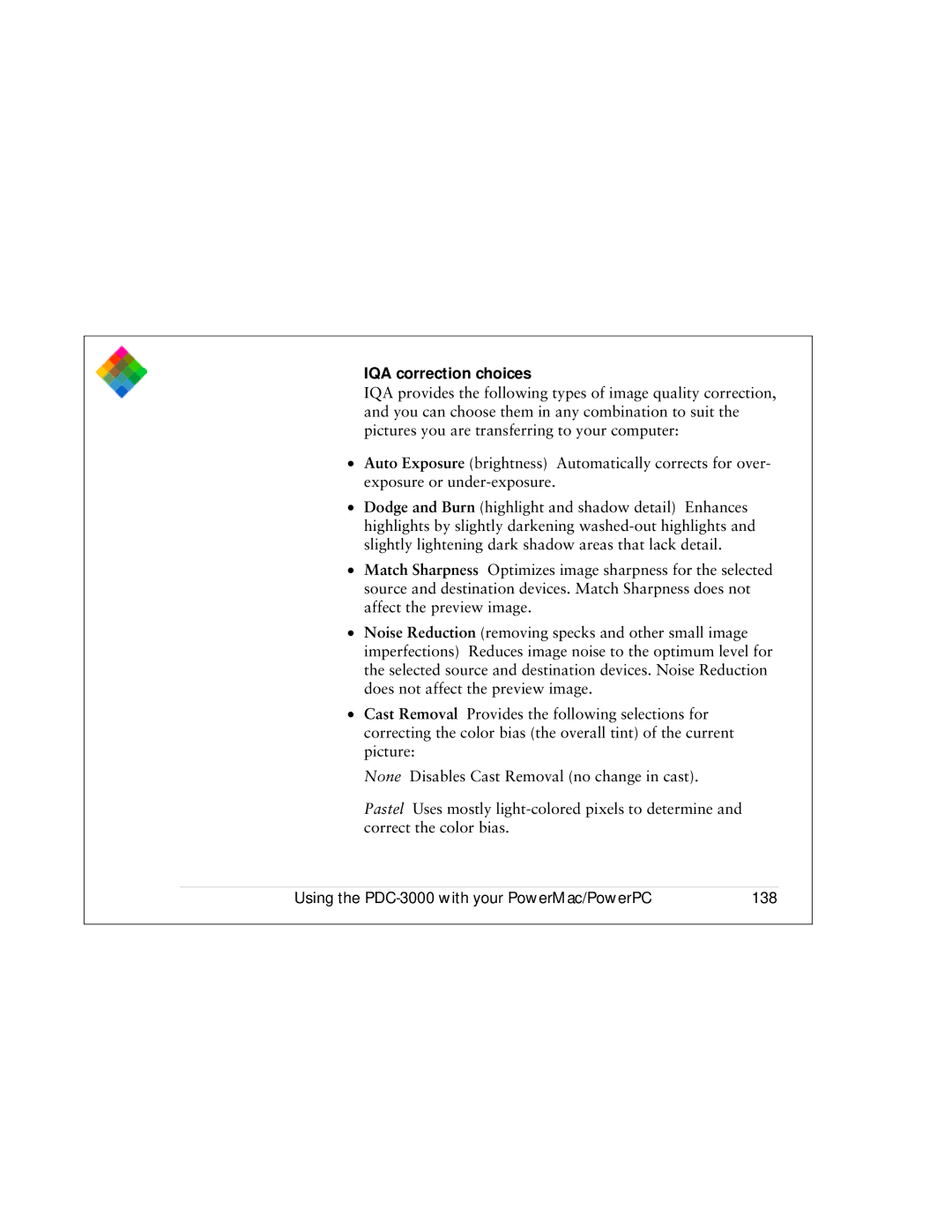 Polaroid PDC 3000 manual IQA correction choices, Using the PDC-3000 with your PowerMac/PowerPC 138 