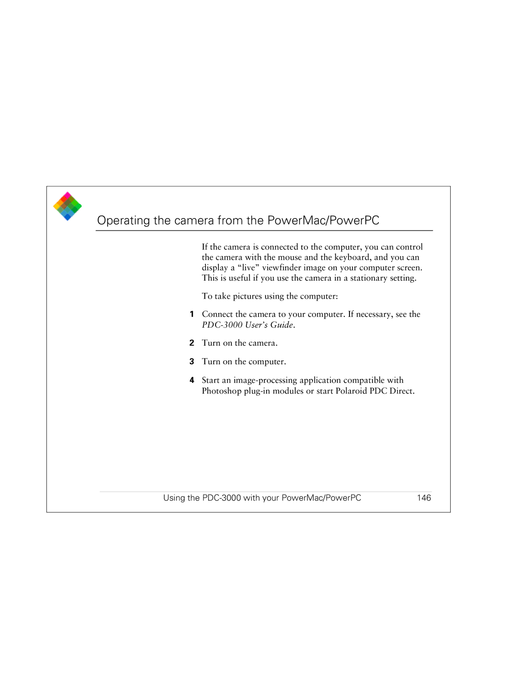 Polaroid PDC 3000 manual Operating the camera from the PowerMac/PowerPC, Using the PDC-3000 with your PowerMac/PowerPC 146 