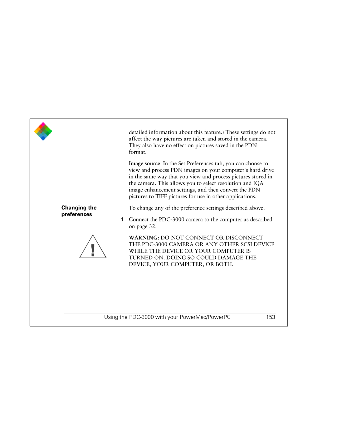 Polaroid PDC 3000 manual Changing, Preferences, Using the PDC-3000 with your PowerMac/PowerPC 153 