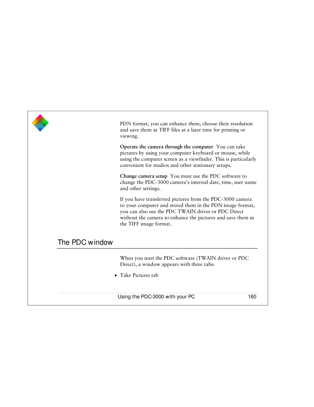 Polaroid PDC 3000 manual PDC window, Using the PDC-3000 with your PC 160 