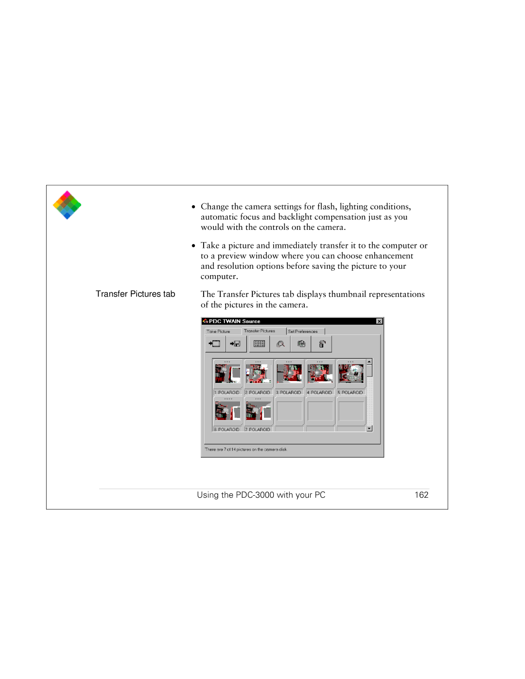 Polaroid PDC 3000 manual Using the PDC-3000 with your PC 162 