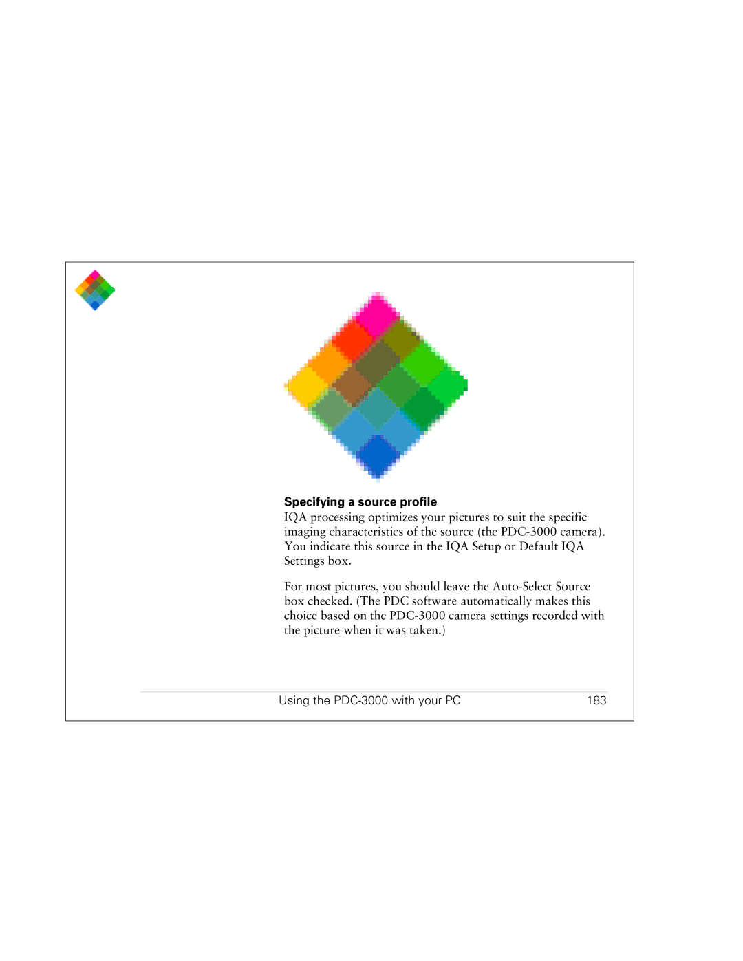 Polaroid PDC 3000 manual Specifying a source profile, Using the PDC-3000 with your PC 183 