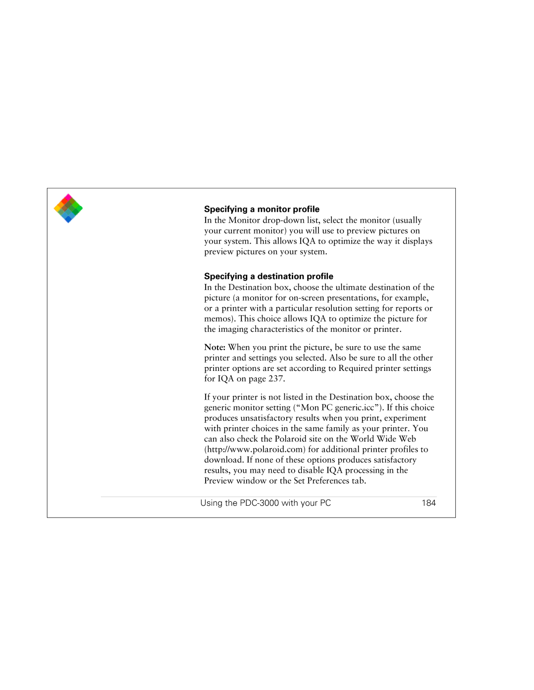 Polaroid PDC 3000 manual Specifying a monitor profile, Using the PDC-3000 with your PC 184 