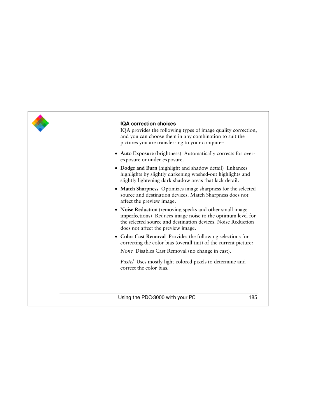 Polaroid PDC 3000 manual IQA correction choices, Using the PDC-3000 with your PC 185 