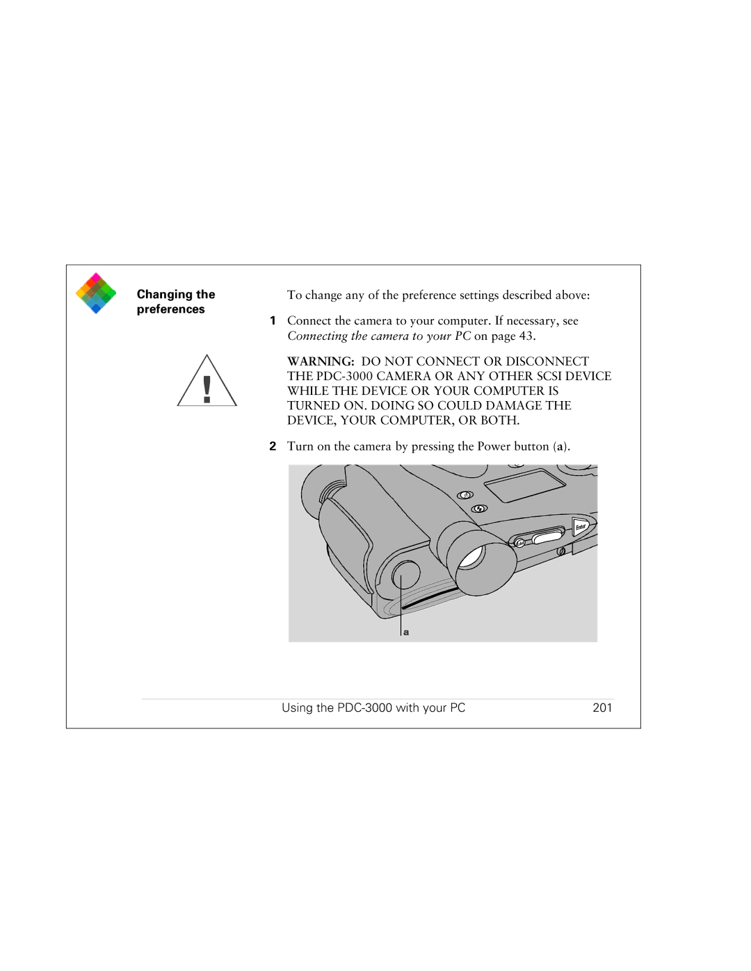 Polaroid PDC 3000 manual Connecting the camera to your PC on, Using the PDC-3000 with your PC 201 