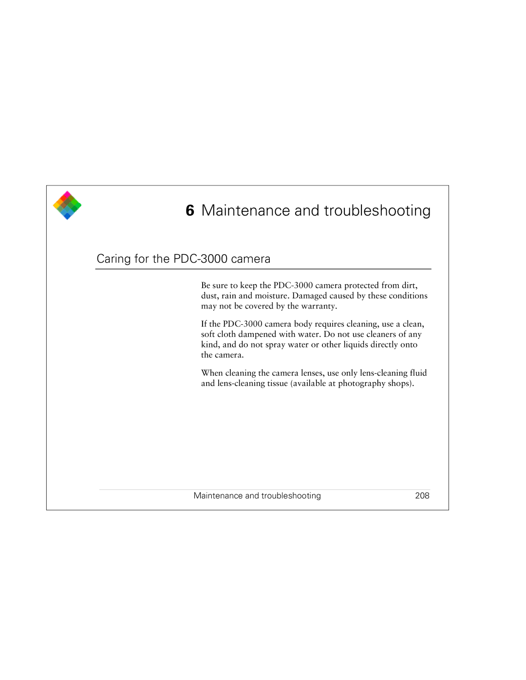 Polaroid PDC 3000 manual Caring for the PDC-3000 camera, Maintenance and troubleshooting 208 