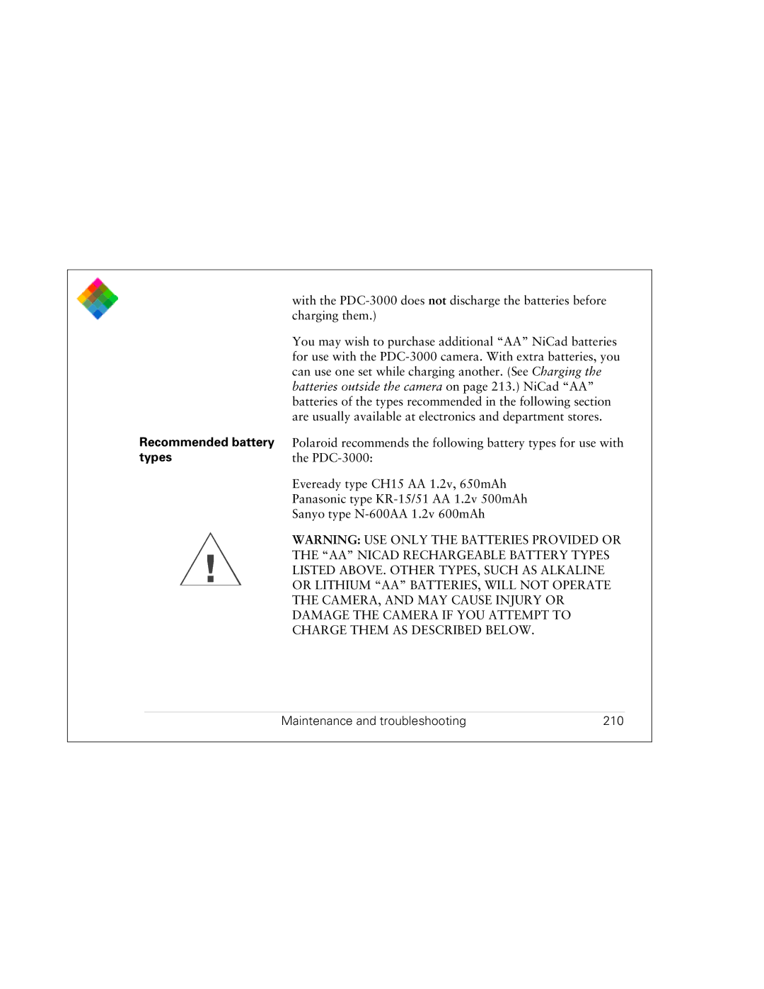 Polaroid PDC 3000 manual Types, Maintenance and troubleshooting 210 