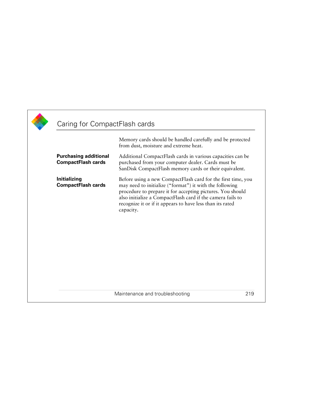 Polaroid PDC 3000 Caring for CompactFlash cards, Purchasing additional, Initializing, Maintenance and troubleshooting 219 