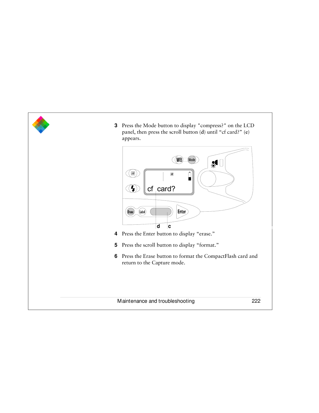 Polaroid PDC 3000 manual Cf card?, Maintenance and troubleshooting 222 