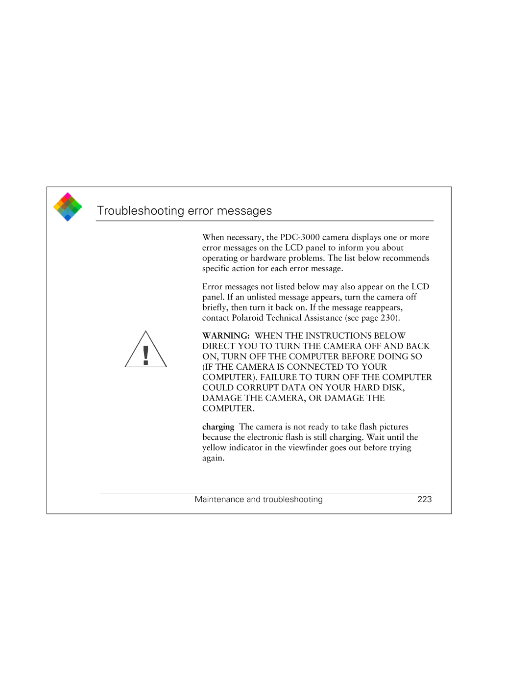 Polaroid PDC 3000 manual Troubleshooting error messages, Maintenance and troubleshooting 223 