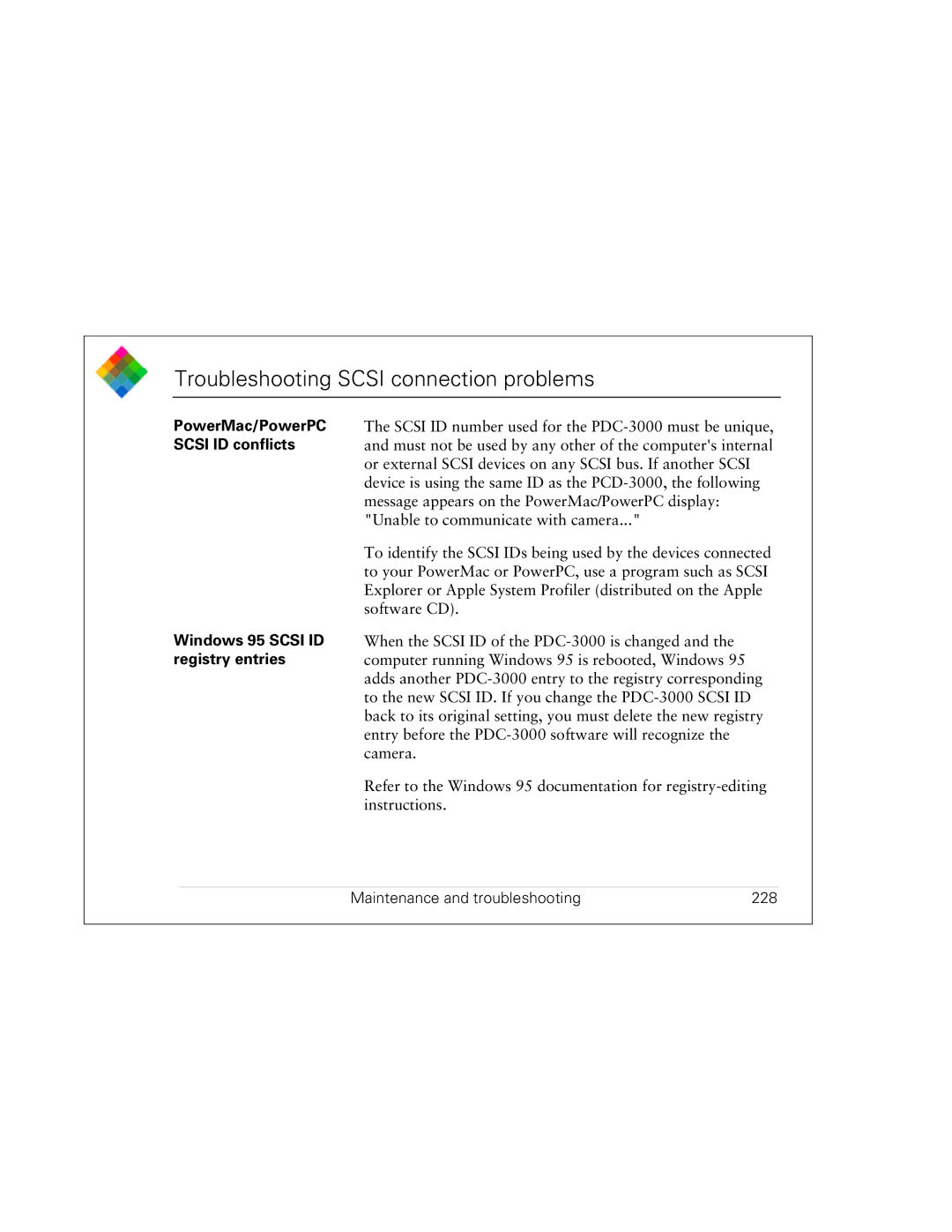 Polaroid PDC 3000 manual Troubleshooting Scsi connection problems, Maintenance and troubleshooting 228 