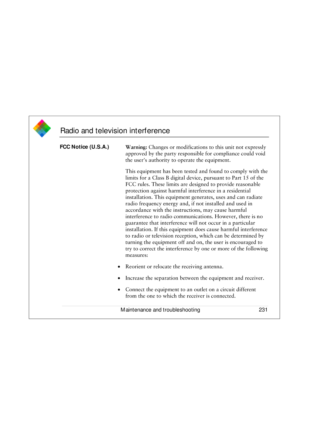 Polaroid PDC 3000 manual Radio and television interference, Maintenance and troubleshooting 231 