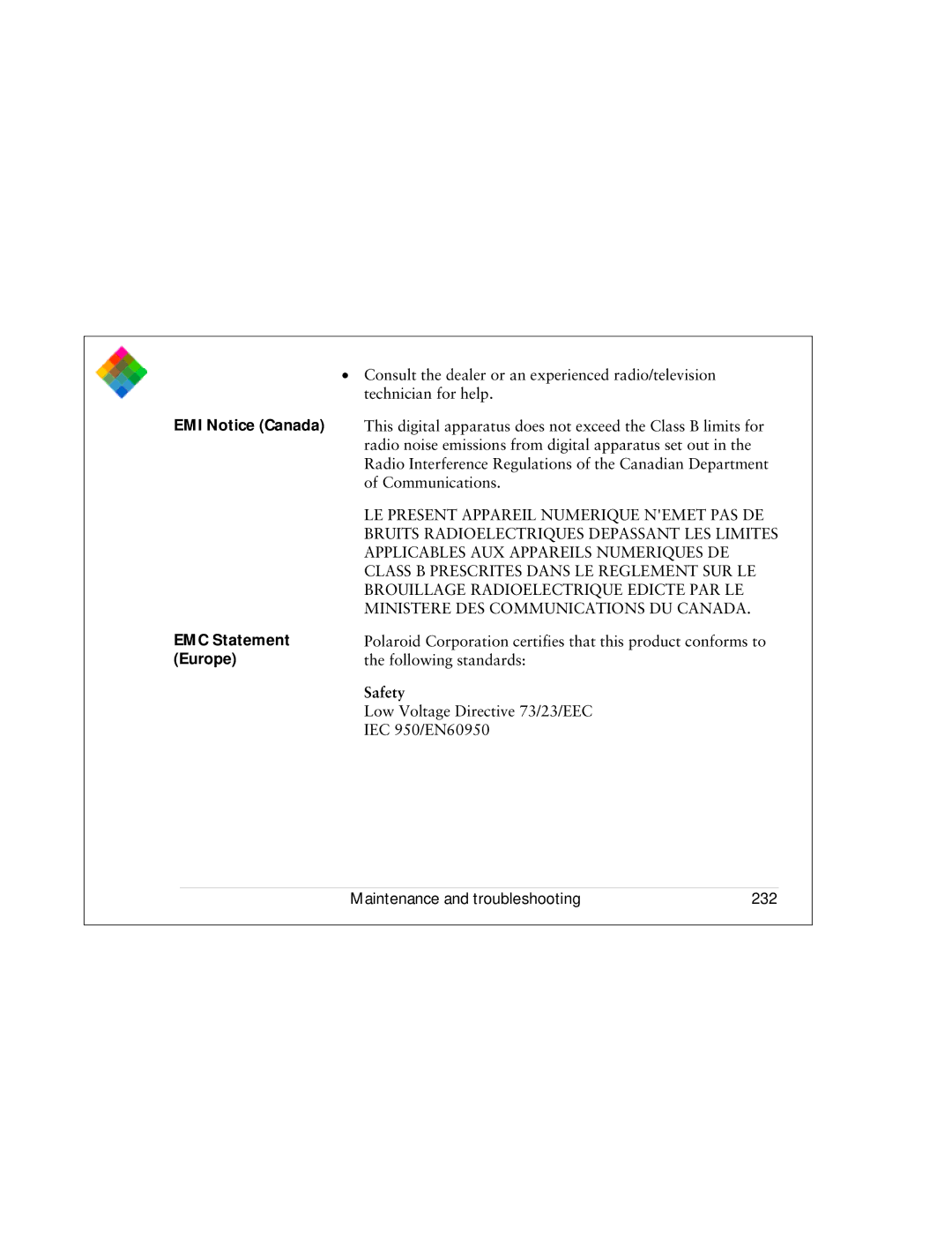 Polaroid PDC 3000 manual EMI Notice Canada, EMC Statement, Europe, Maintenance and troubleshooting 232 