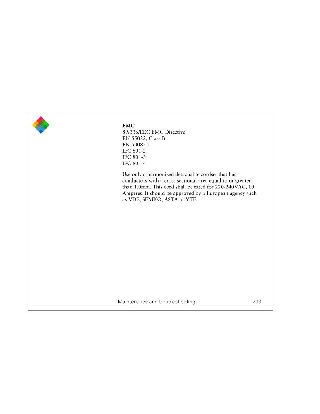 Polaroid PDC 3000 manual Emc, Maintenance and troubleshooting 233 