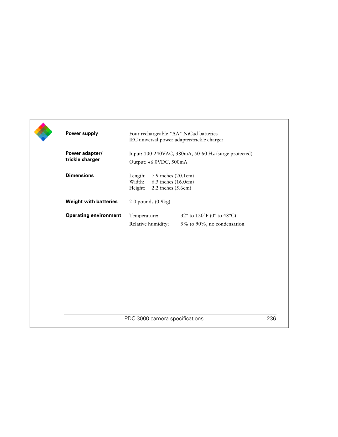 Polaroid PDC 3000 manual PDC-3000 camera specifications 236, Power supply Power adapter/ trickle charger Dimensions 