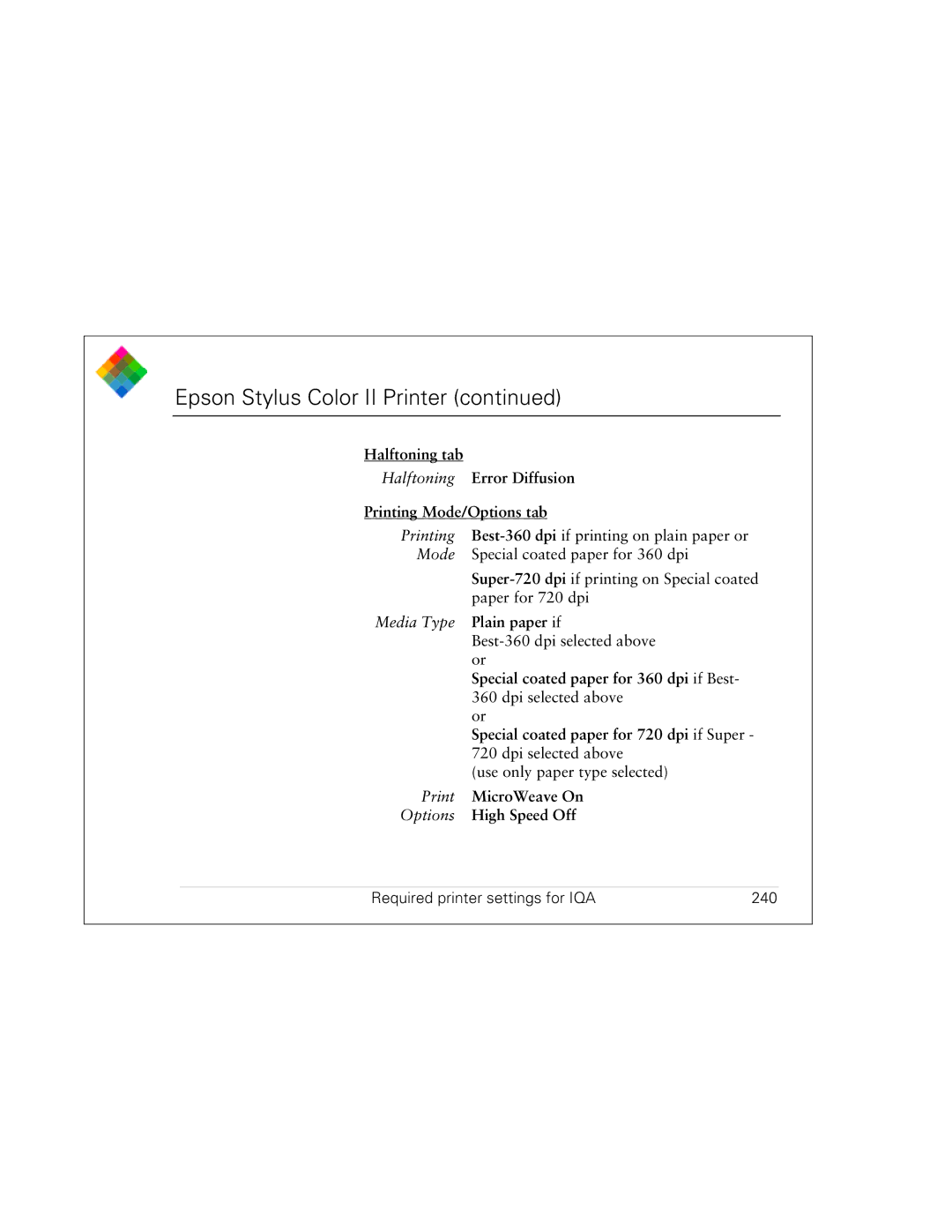 Polaroid PDC 3000 manual Required printer settings for IQA 240 