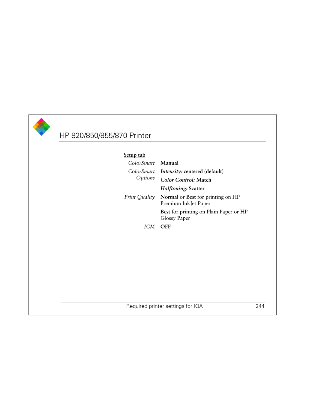 Polaroid PDC 3000 manual HP 820/850/855/870 Printer, Required printer settings for IQA 244 