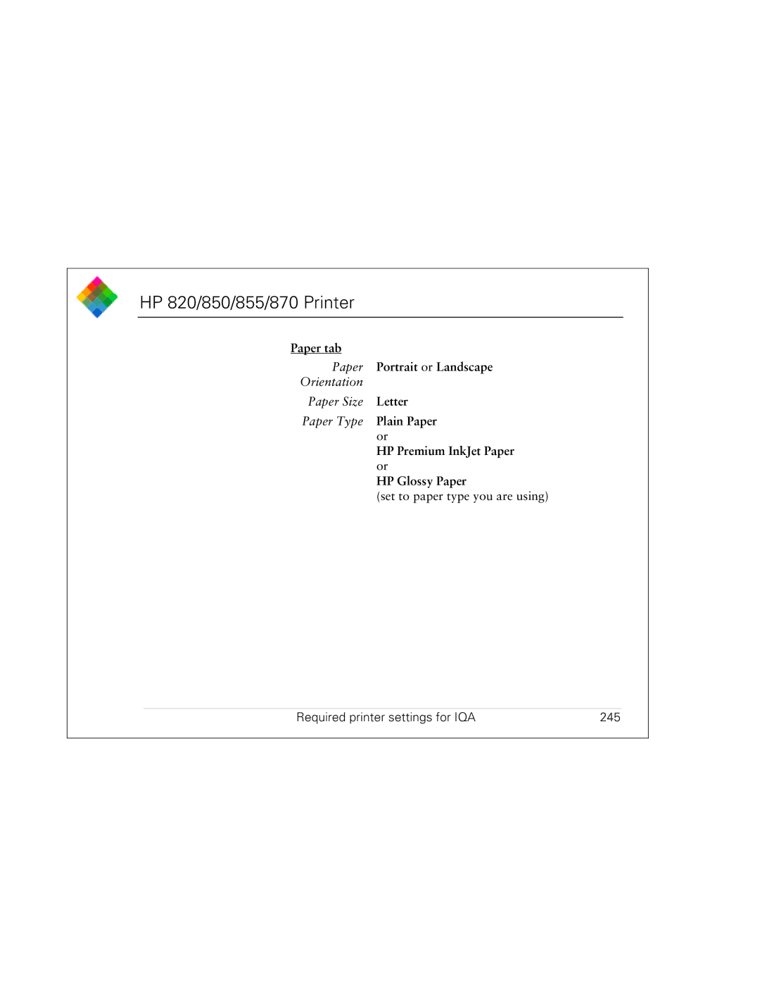 Polaroid PDC 3000 manual Required printer settings for IQA 245 