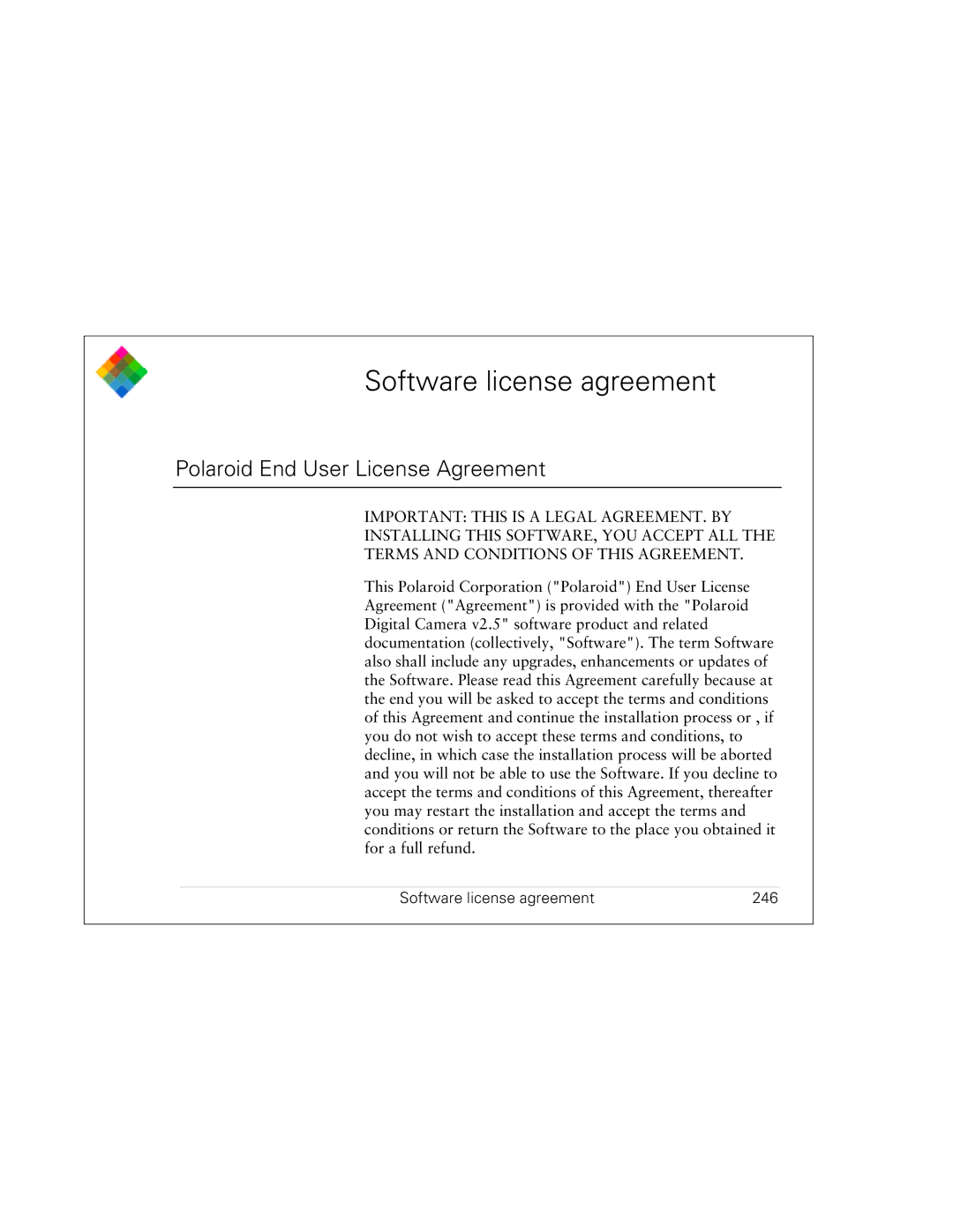 Polaroid PDC 3000 manual Polaroid End User License Agreement, Software license agreement 246 