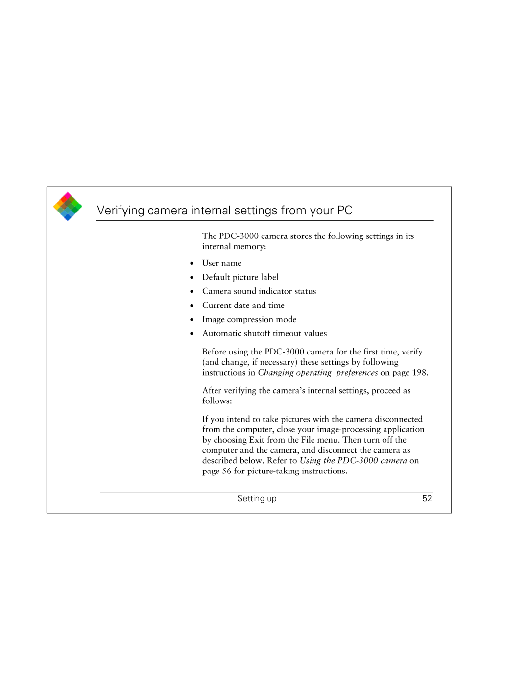 Polaroid PDC 3000 manual Verifying camera internal settings from your PC 