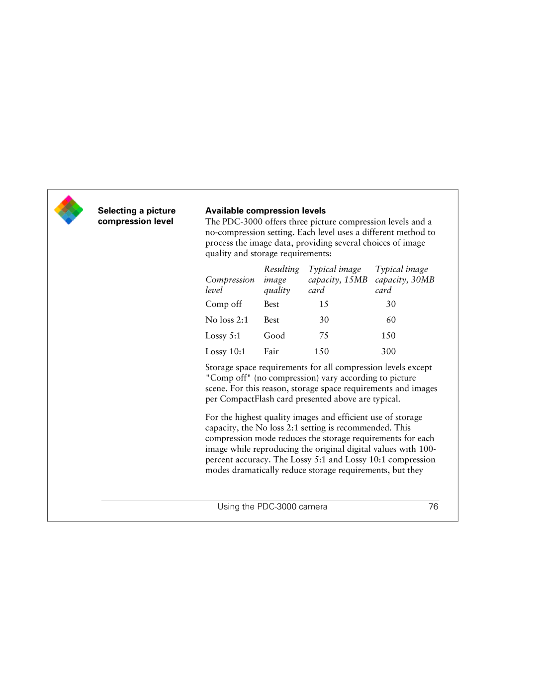 Polaroid PDC 3000 manual PDC-3000 offers three picture compression levels and a 