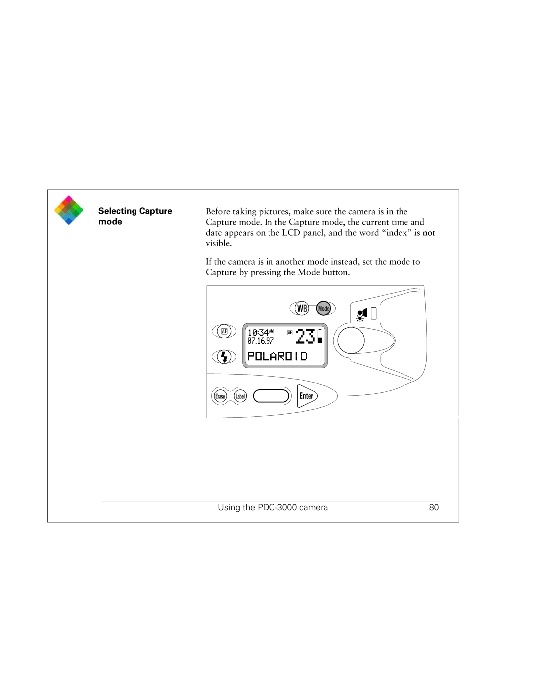 Polaroid PDC 3000 manual Selecting Capture, Mode 