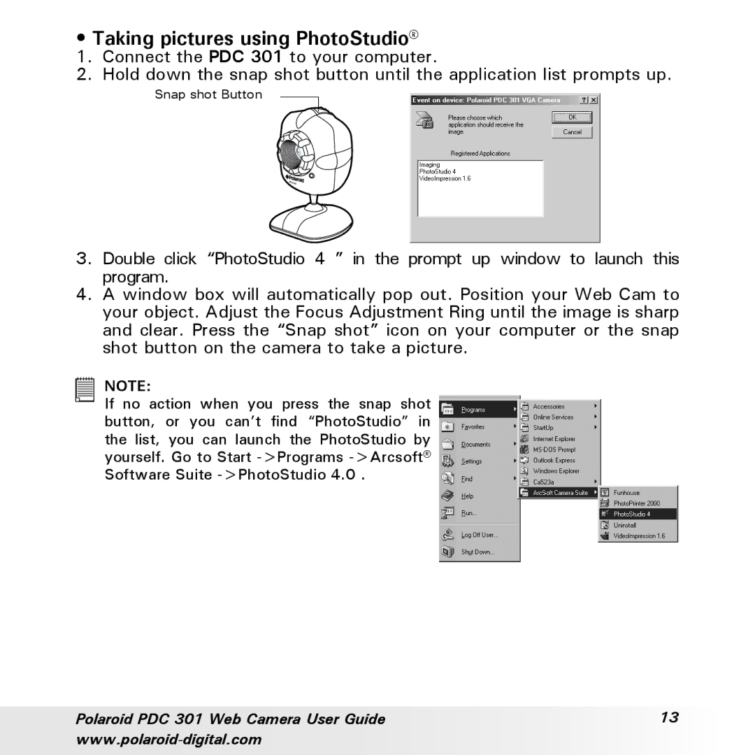 Polaroid PDC-301 manual Taking pictures using PhotoStudio 