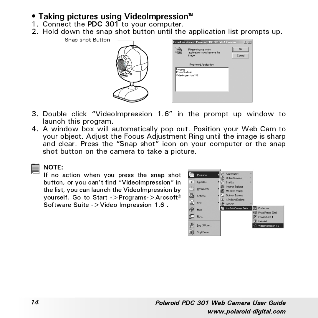 Polaroid PDC-301 manual Taking pictures using VideoImpression 