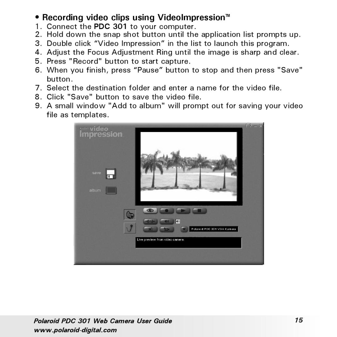 Polaroid PDC-301 manual Recording video clips using VideoImpression 