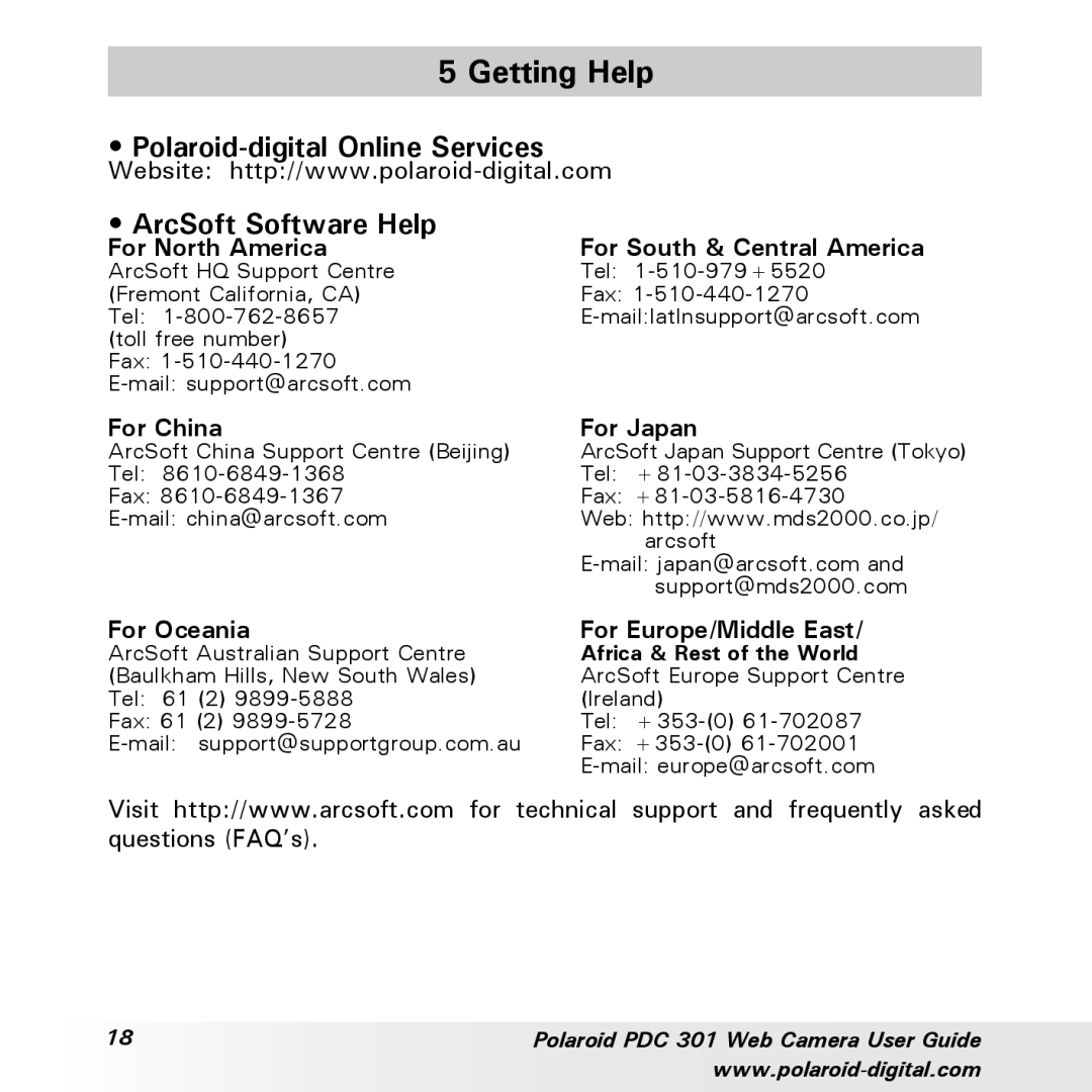 Polaroid PDC-301 manual Getting Help, ArcSoft Software Help, For North America, For China For Japan 