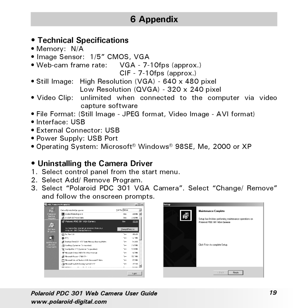 Polaroid PDC-301 manual Appendix, Technical Specifications, Uninstalling the Camera Driver 