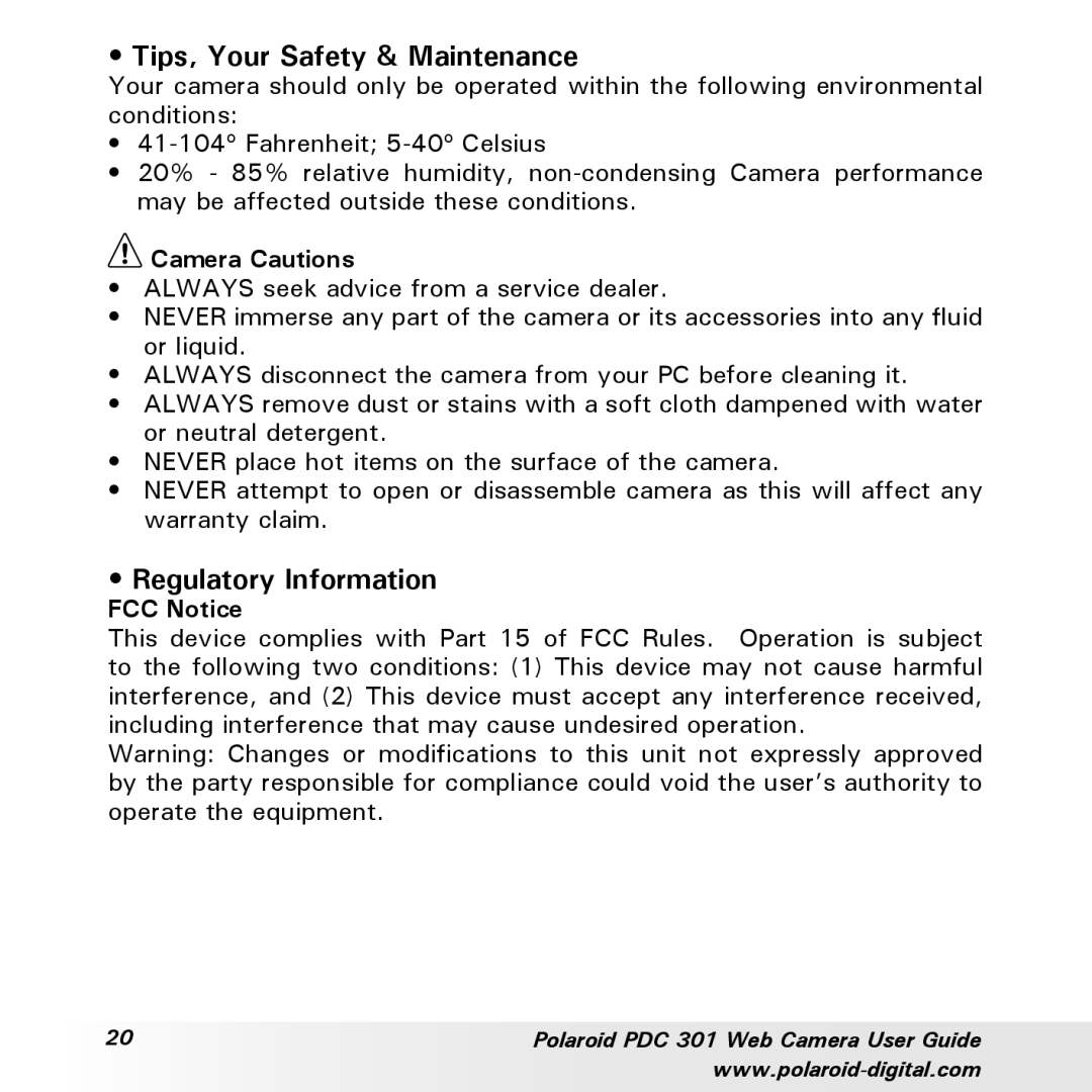 Polaroid PDC-301 manual Tips, Your Safety & Maintenance, Regulatory Information, Camera Cautions, FCC Notice 