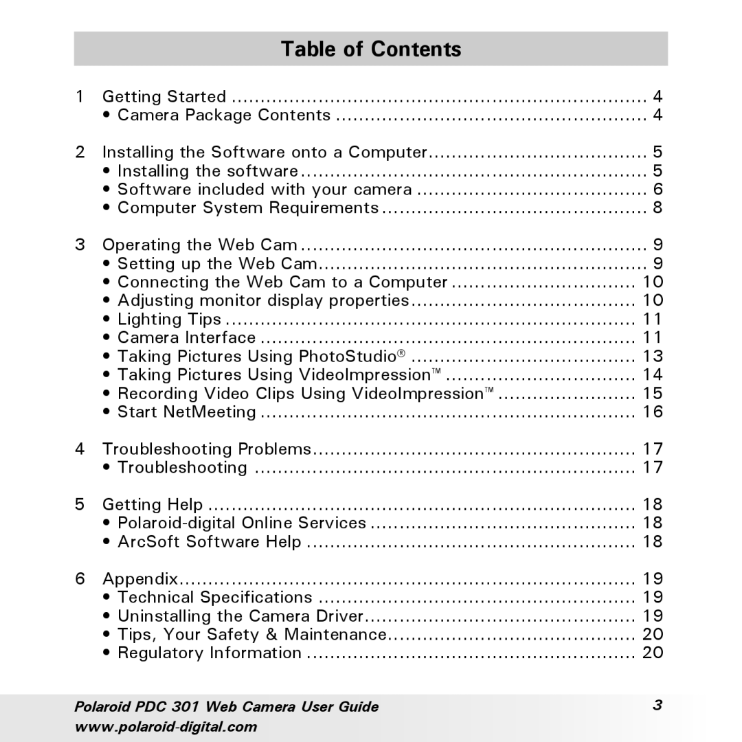 Polaroid PDC-301 manual Table of Contents 